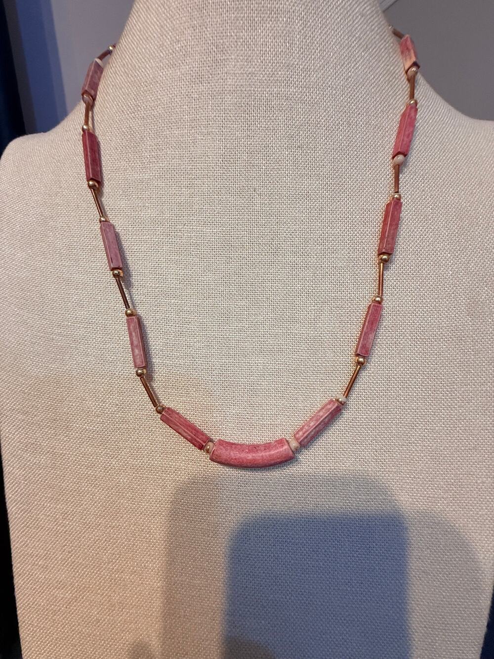 Vintage Pink Stone Bead Necklace 26” Gold